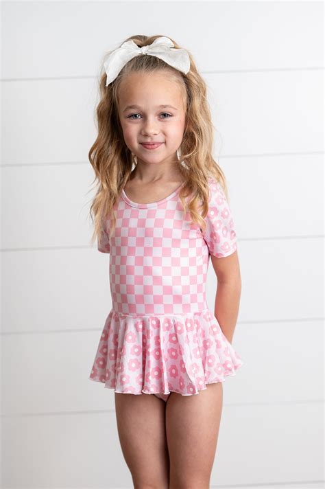 pinky check flower skirted leotard leotards cute girl dresses kids