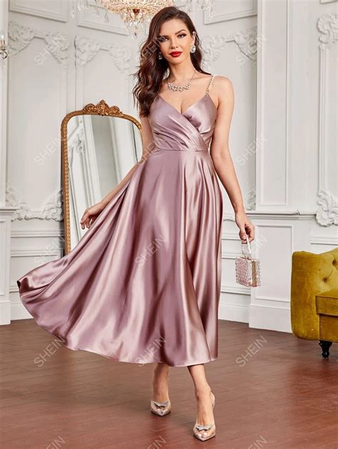 shein modely pearls strap overlap collar satin cami dress shein uk