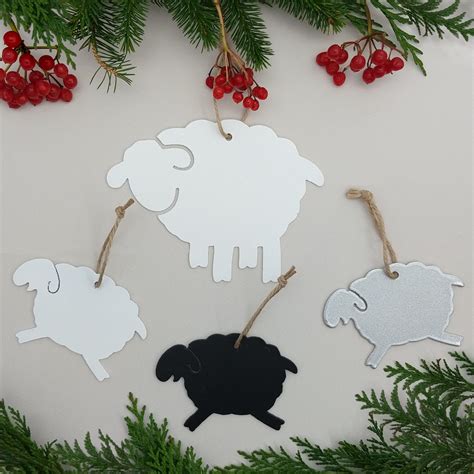 Welsh mammy ewe sheep and her baby lambs hanging Christmas decorations ...