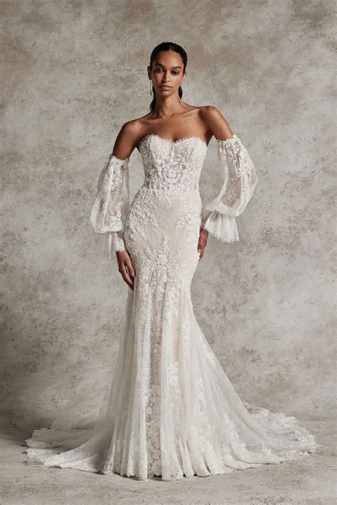 YAREN: Chantilly Lace Fit and Flare Wedding Gown with Sheer Bodice