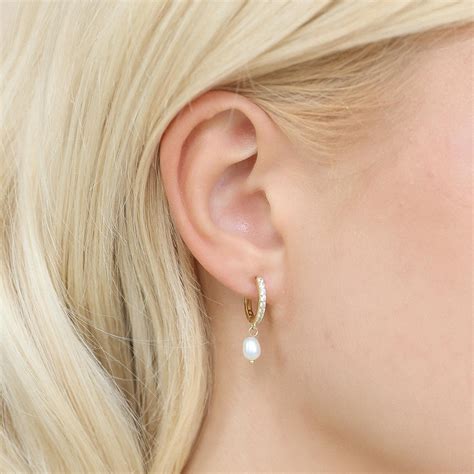 gold pearl hoop diamond earrings pearl huggie earrings small pearl