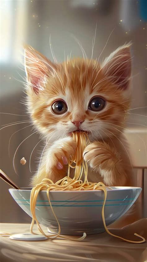 A Cat is Eating Spaghetti on a Plate Stock Image - Image of fluffy, meal: 312716389