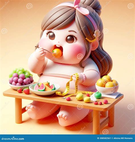 Funny Cartoon for a Beautiful and Colorful Chubby Girl Eating Fruit. AI