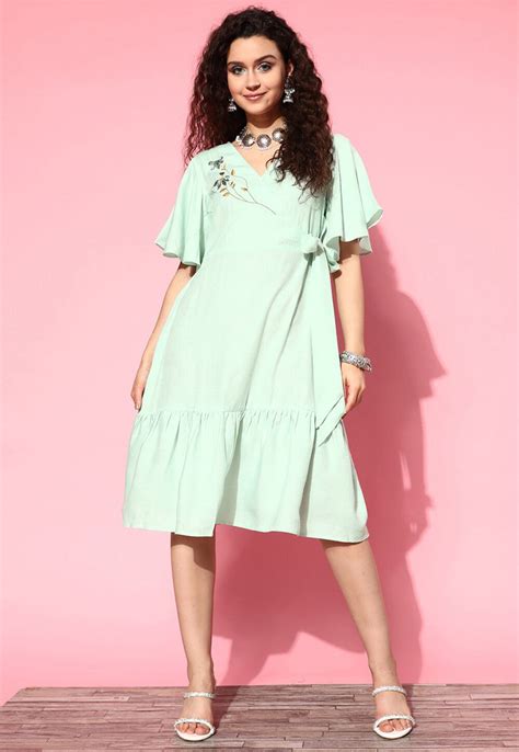 buy embroidered viscose rayon jacquard sheath dress  pastel green