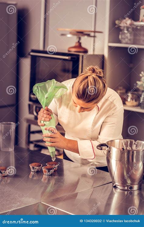 Serious Skilled Pastry Chef Using a Piping Bag Stock Photo - Image of ...