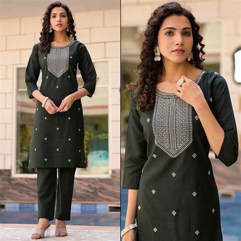 olive green embroidered viscose straight kurti sets