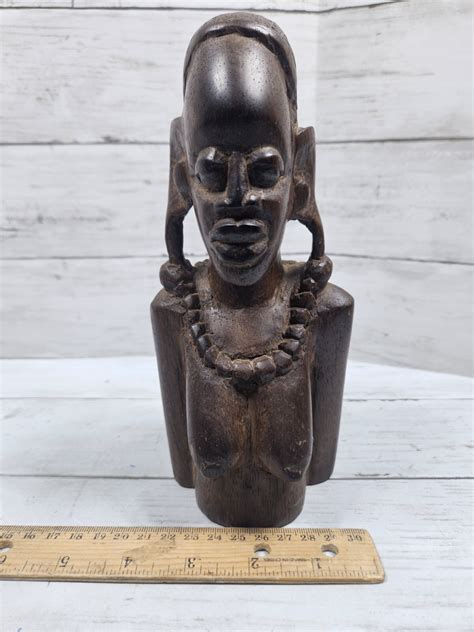 VTG African Tribal Head Bust Semi Nude Breasts Woman Carved Wood 8